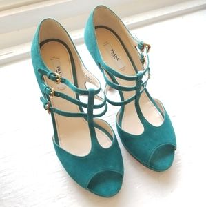Prada Leather T-strap Open Toe Heels Teal
